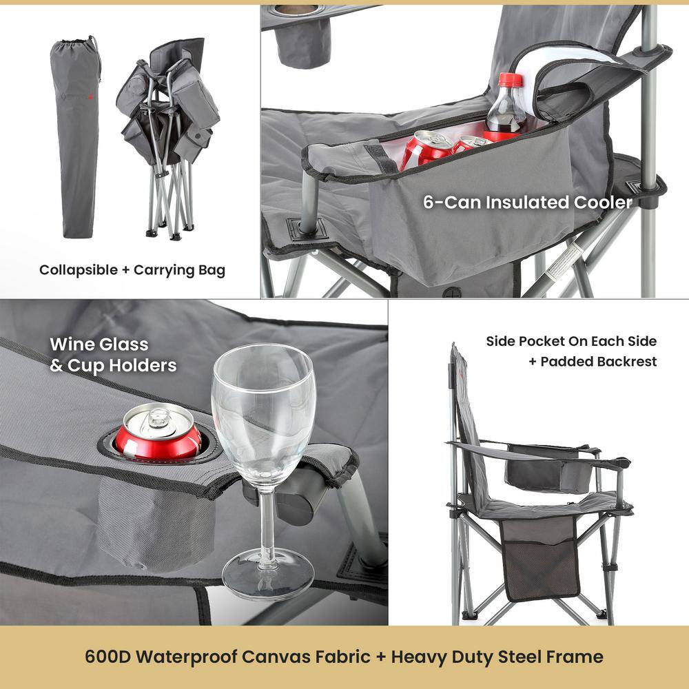 Gray Heated Folding Camping Chair with Cooler and Cup Holders