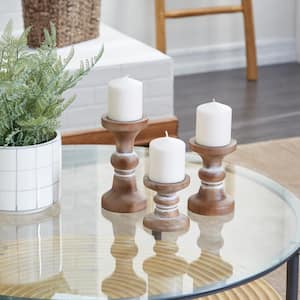 Brown Wood Beaded Pillar Candle Holder (Set of 3)