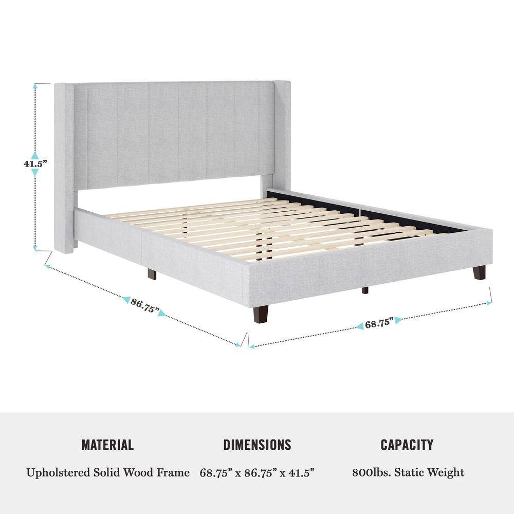 Gray Queen Upholstered Platform Bed with Linen Wingback Headboard