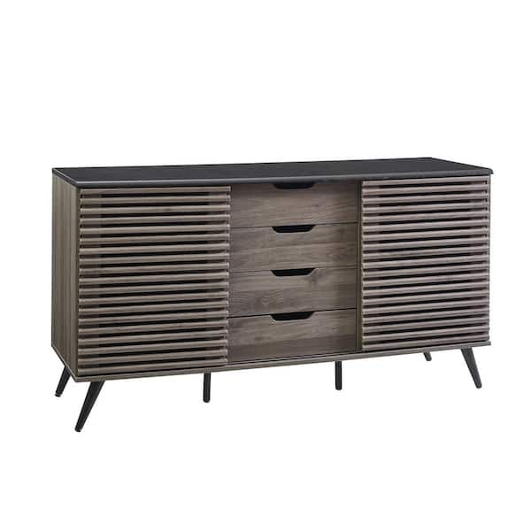Ebony and Slate Grey Wood Sideboard with Sliding Slatted Doors