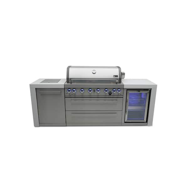MONT ALPI Deluxe Series 6 Burner Outdoor Kitchen Propane Natural Gas Grill Island with Refrigerator in Stainless Steel
