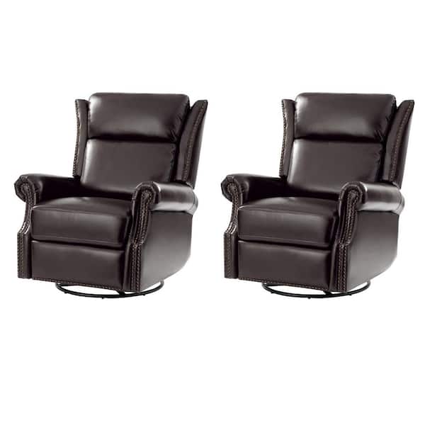 JAYDEN CREATION Lavinia Espresso Genuine Leather Manual Swivel Glider Recliner with Nailheads (Set of 2)