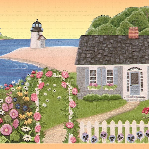 Dundee Deco Falkirk Dandy II Green Blue Seashore Houses Country Peel and Stick Wallpaper Border