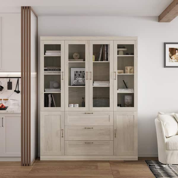 79.9 in. Tall Beige Wood 15-Shelf Standard Bookcase, Accent Storage Cabinet with Glass Doors and 3-Drawers