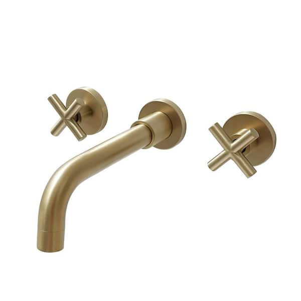Double Handle Wall Mounted Faucet with Cross Handle, 3 Holes Bathroom Sink Faucet in Brushed Gold