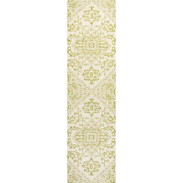 Estrella Bohemian Medallion Textured Weave Cream/Green 2 ft. x 10 ft. Indoor/Outdoor Area Rug