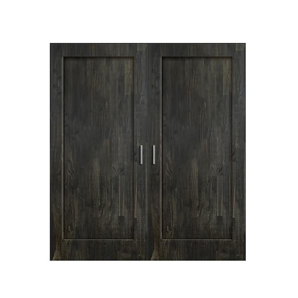 56 in. x 80 in. 1-Panel Hollow Core Charcoal Black Finger Joint Wood Interior Double Door Slabs w/ Door Catch and Handle