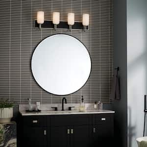 Solia 32 in. 4-Light Brushed Nickel with Black Modern Bathroom Vanity Light with Opal Glass Shades
