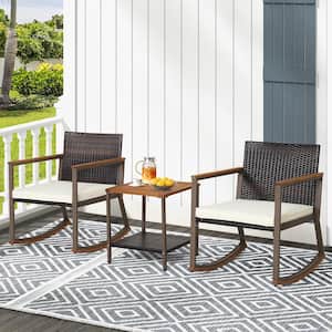 3-Pieces Wicker Patio Conversation Set Rattan Rocking Chair Bistro Set with Storage Shelf and Off White Cushions