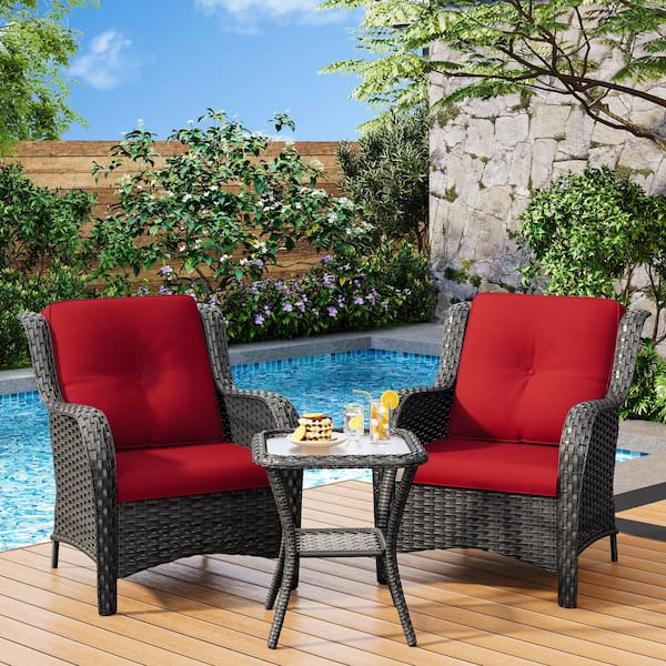 JOYSIDE 3-Piece Wicker Patio Outdoor Lounge Chair Set with Red Cushions and Side Table