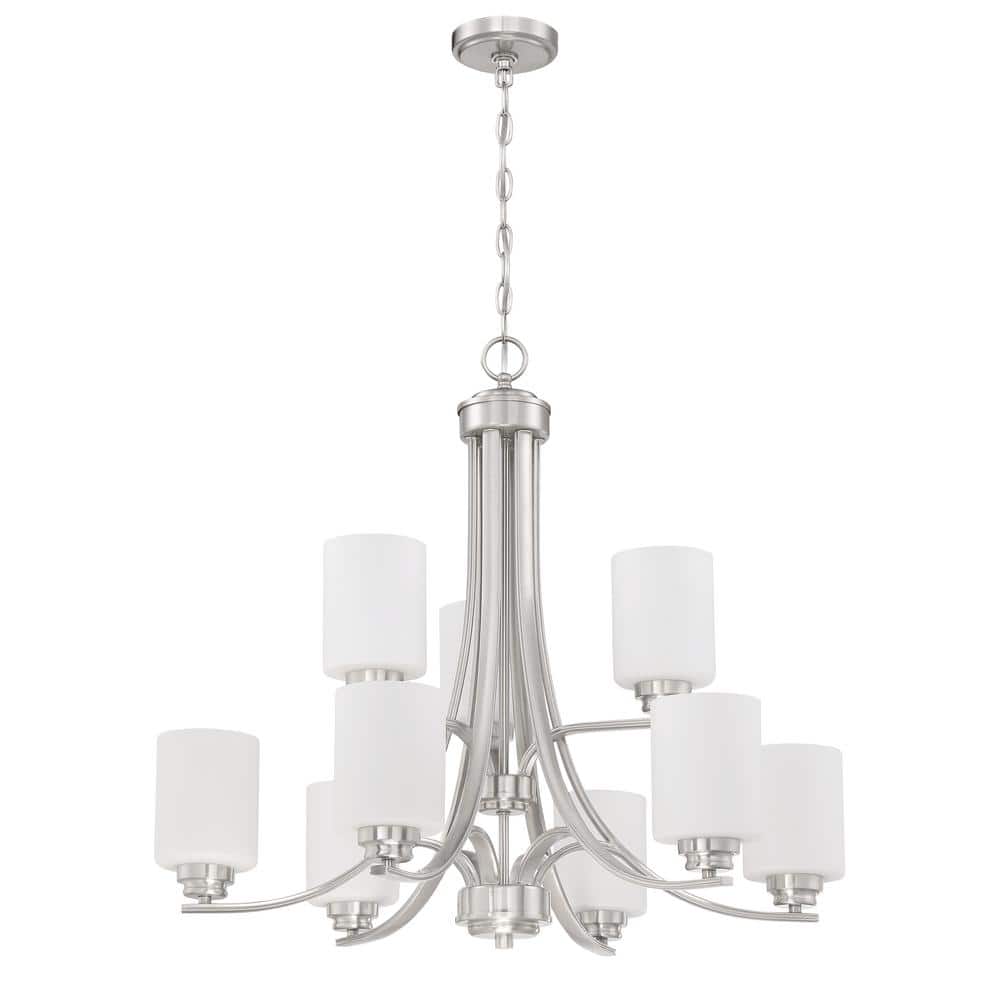 Polished Nickel 29" 9-Light Chandelier with White Cylinder Shades