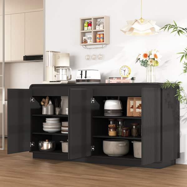 Bren Modern Black Wood Buffet Sideboard Cabinet with Handleless Wave Design Doors and Adjustable Shelves