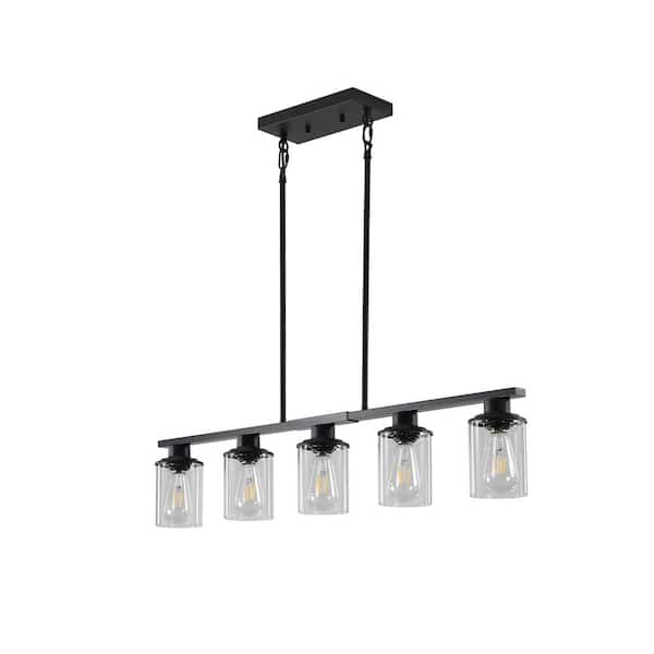 Modern 5-Light Pendant Light with Clear Glass Shades in Black for Dining Room and Kitchen Island (No Bulbs Included)