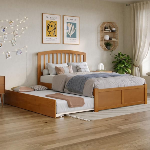 Richmond Light Toffee Natural Bronze Solid Wood Frame Full Platform Bed with Footboard and Twin Trundle