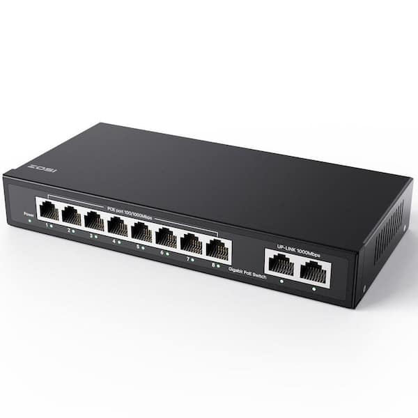 8-Port Gigabit PoE Switch with 2-Uplink Ports and 8-PoE Ports, Plug and Play, for PoE Security Camera