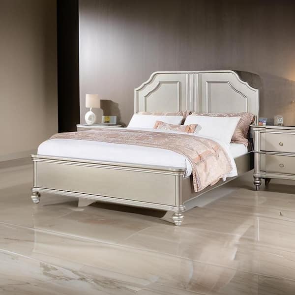 Benjara Opp Champagne Silver Wood Frame King Size Platform Bed