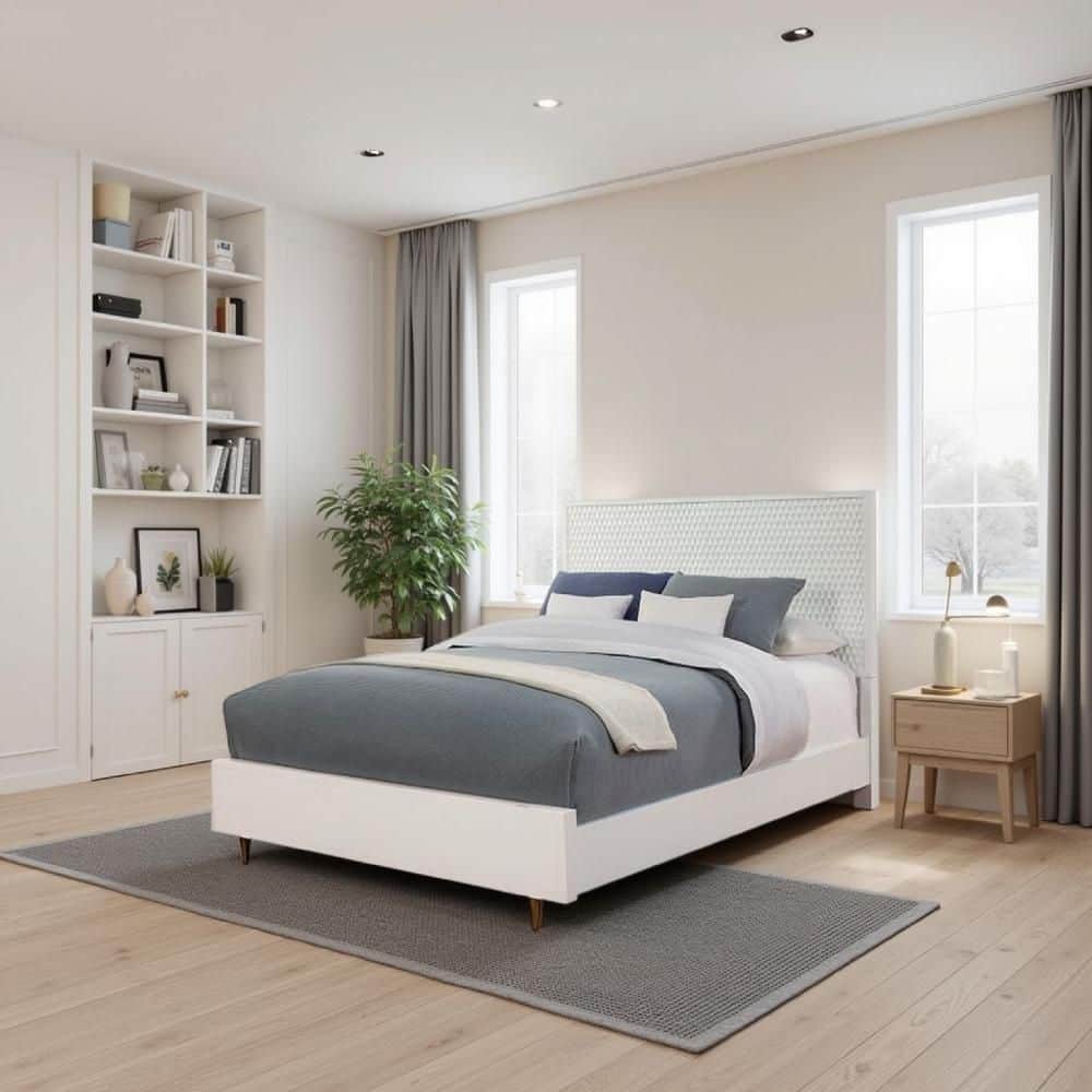 Benjara White Wood Frame King Size Panel Bed with Headboard BM206683 ...
