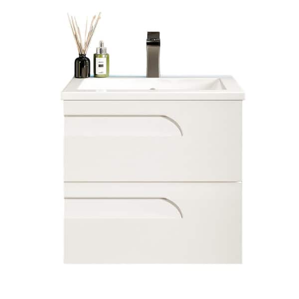 Joy 24 in. Single Sink White Floating Bath Vanity with White Porcelain Top (Assembled)