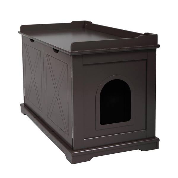 Tidoin Modern Chocolate Brown Wood Side Table Cat House with 2-Doors - Small to Medium