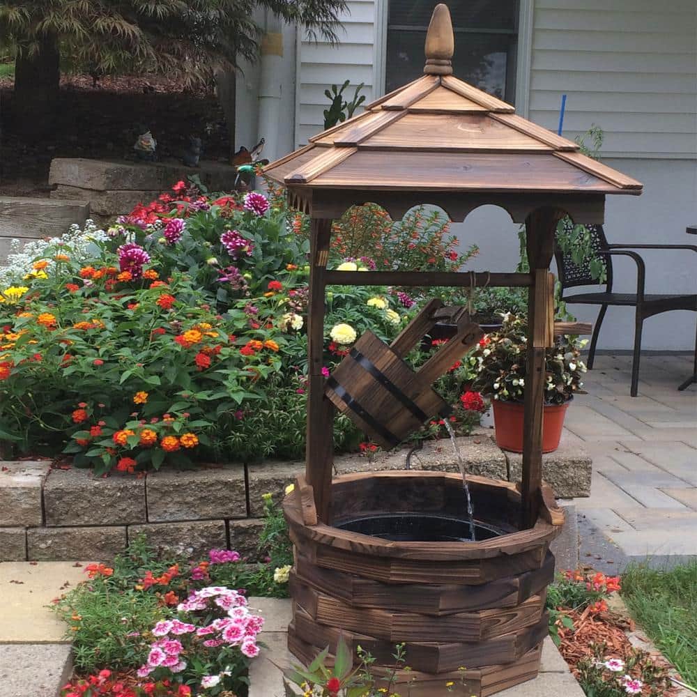48" Brown Fir Wood Rustic Wishing Well Outdoor Fountain