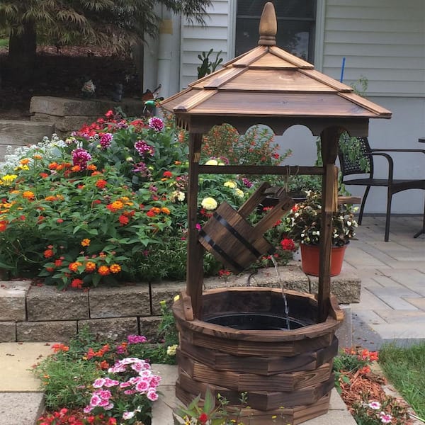 48 in. Old-Fashioned Wood Wishing Well Outdoor Water Fountain