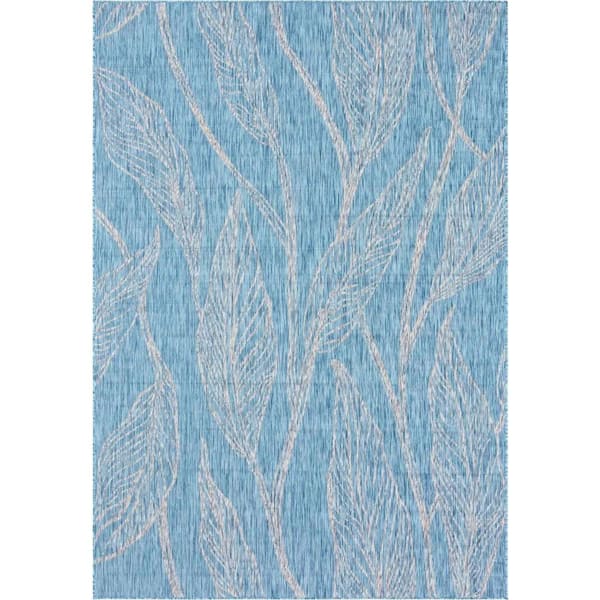 Outdoor Leaf Aqua Blue 8 ft. x 11 ft. Area Rug
