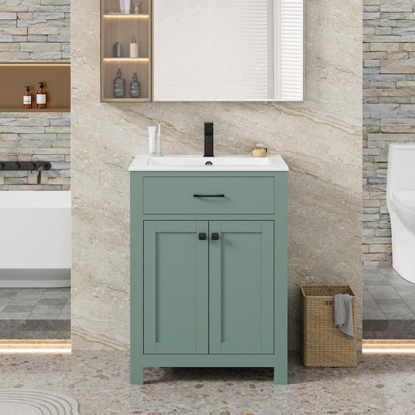 eclife 24 in. W x 19 in. D x 34 in. H 1-Sink Freestanding Bath Vanity in Green with White Ceramic Top and Drain Faucet Set