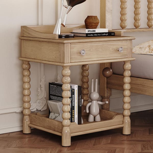 Retro Style 1-Drawer Natural Nightstand with Open Shelf, Turned Legs, Metal Handle