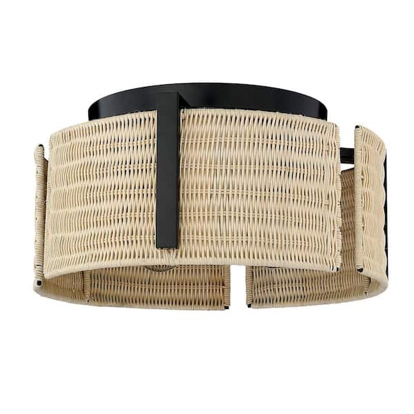 Golden Lighting Grove 14 in. 3-Light Matte Black Flush Mount with Wicker Shade