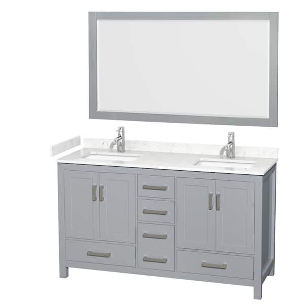 Wyndham Collection Sheffield 60 in. W x 22 in. D x 35 in. H Double Bath Vanity in Gray with Carrara Cultured Marble Top and 58" Mirror