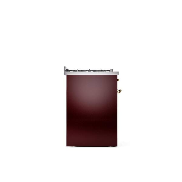 Nostalgie II 30 in. Dual Fuel Natural Gas Range with 5 Burners, Brass Trim in Burgundy