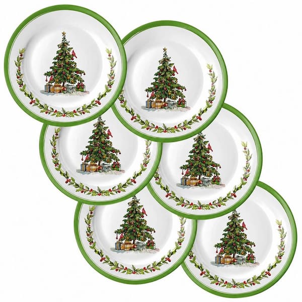 8-Inch Christmas Tree Melamine Dessert and Salad Plates in Green and White, Set of 6 Holiday Dinnerware