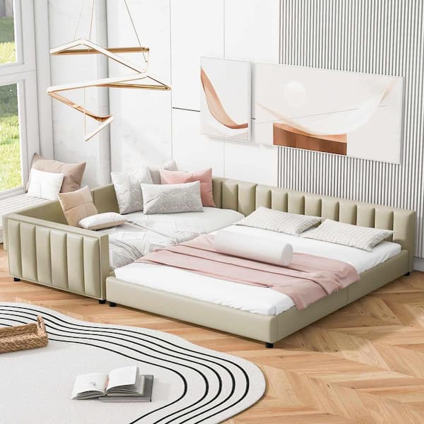 Beige Wood Frame Queen Size Platform Bed with Twin XL Size Child Bed