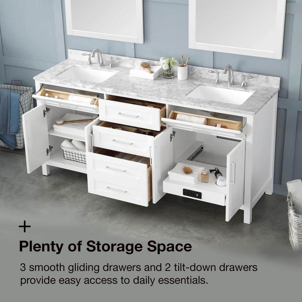 Tahoe 72" White Double Bathroom Vanity with Carrara Marble Top