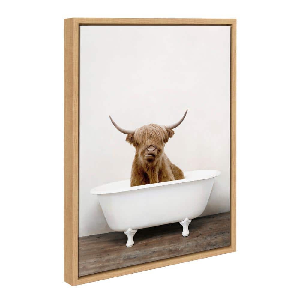 Whimsical Highland Cow in Tub Canvas Art with Natural Frame