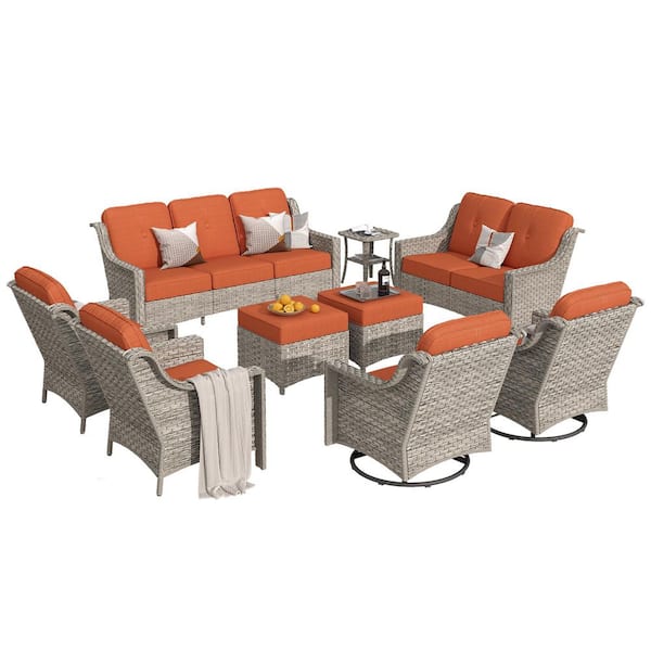 Eureka Gray 9-Piece Wicker Modern Outdoor Patio Conversation Sofa Seating Set with Swivel Chairs and Orange Red Cushions