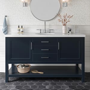 Bayhill 60 in. Single Sink Freestanding Bathroom Vanity in Midnight Blue with Carrara White Marble Top