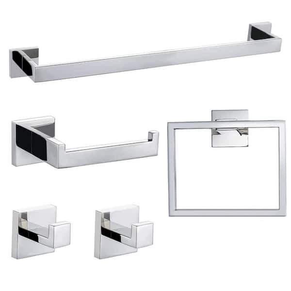 Unbranded 5-Piece Stainless Steel Bath Hardware Set with Toilet Paper Holder, Towel Holder, 2 Hooks, Towel Ring, Chrome