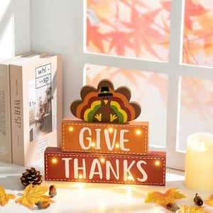 11.81 in. L Thanksgiving Wooden Lighted Turkey/Word Block Table Decor