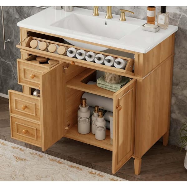 LuckByte 36 in. Yellow Wood Rectangle Vessel Sink Bathroom Vanity