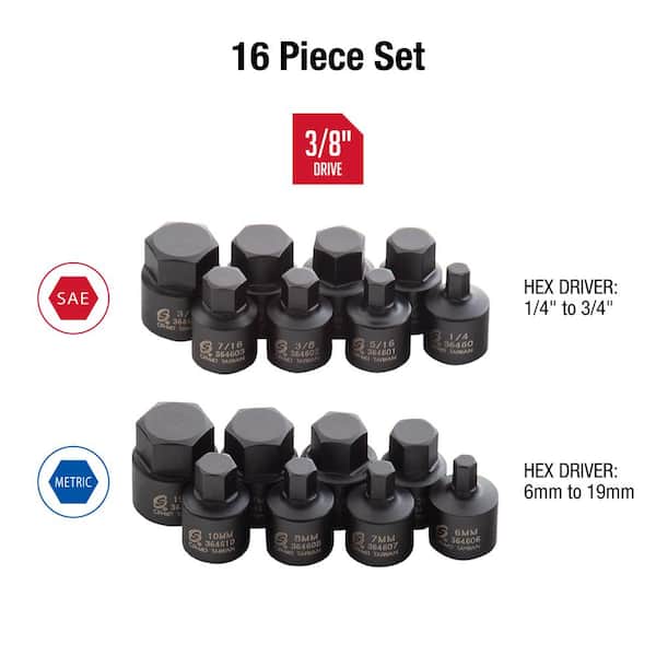 3/8 in. Drive Stubby Impact Hex Driver SAE and Metric Set (16-Piece)