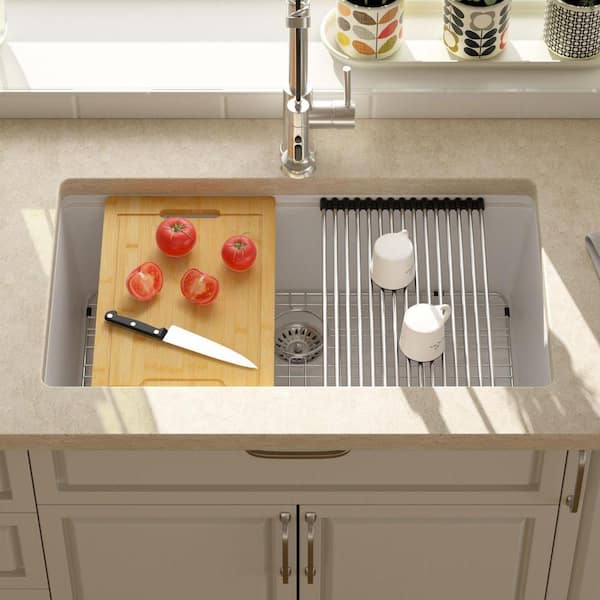 Quartz Composite 33 in. W Undermount Single Bowl Workstation Kitchen Sink in White