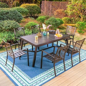Black 7-Piece Metal Outdoor Patio Dining Set with Slat Extendable Table and Fashion Stackable Chairs