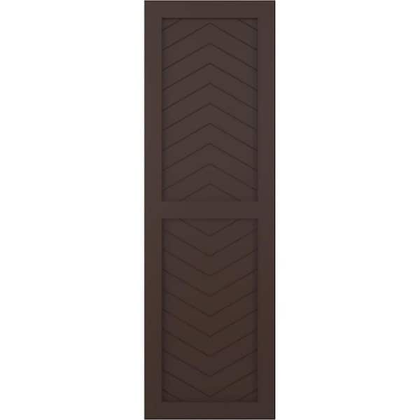 Ekena Millwork 12 in. x 54 in. PVC True Fit Two Panel Chevron Modern Style Fixed Mount Flat Panel Shutters Pair in Raisin Brown