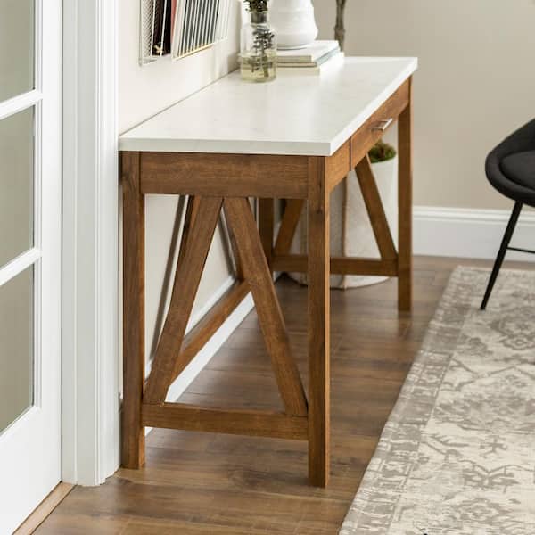 46 in. Walnut/White Marble Rectangular 1 -Drawer Writing Desk with Faux Marble Top