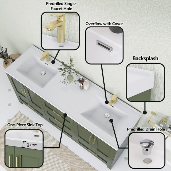 Zeafive Genie 72 in. Double Sinks Green Bath Vanity with White
