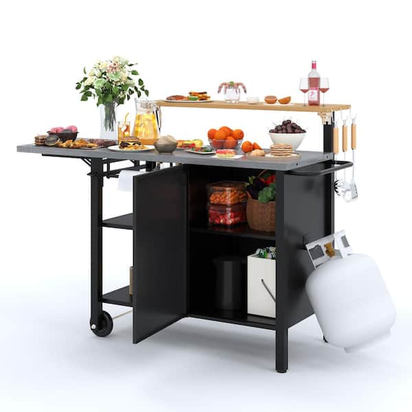 Black 4-Shelf Outdoor Multi-functional Grill Cart with Foldable Tabletop and Cabinet Door, Movable Food Prep Table