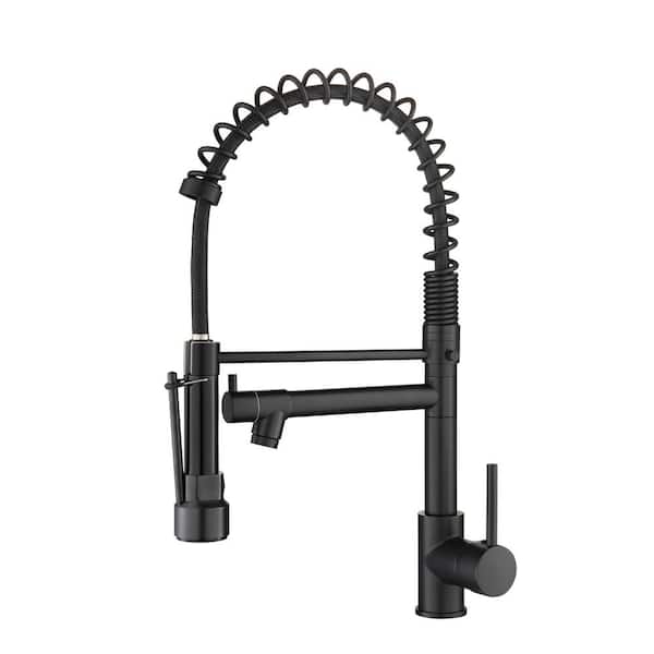 Single Handle Pull Down Sprayer Kitchen Faucet with Dual Spout Deck Mount in Black