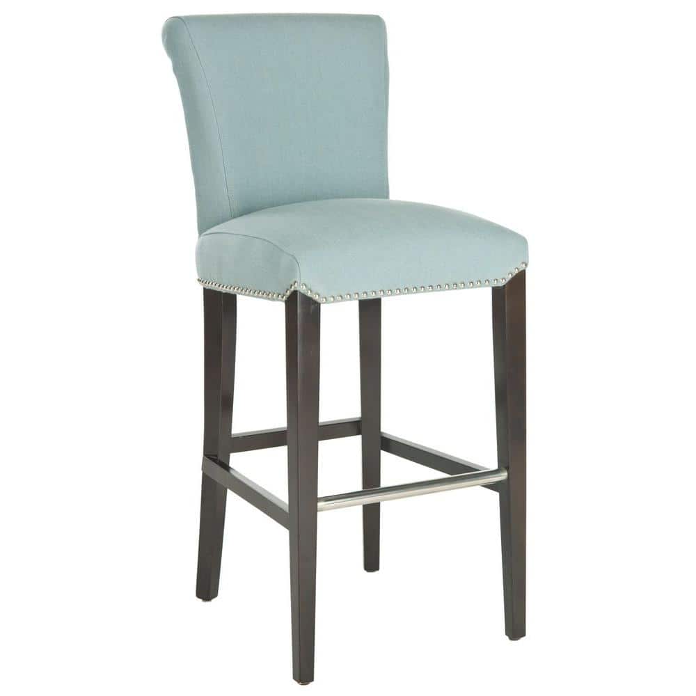 Transitional Sky Blue Leather & Wood Bar Stool with Metal Accents