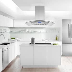 36-in. Silver Cantilever Touch Control Stainless Steel Island Mounting Range Hood 900CFM Tempered Glass with LED Lights